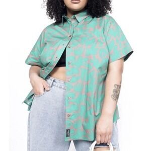 Wildfang The Essential Button Up Short Sleeve Abstract Print Green X-Large NWT